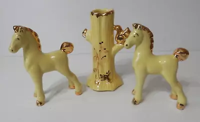 Vintage Yellow Glazed Horses And Tree Trunk Vase With Squirrel And 22K Gold • $30