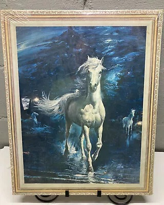 Vtg Soroka Sales White Horses Running Picture Wall Plaque Hanging Sealed 20x16 • $9.50