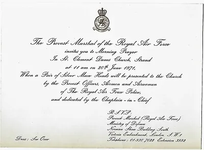 RAF Royal Air Force Police Provost Marshall Morning Prayer Invitation 1971 • £21.99
