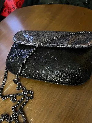 J CREW Black Purple  Prom Evening Tone Silver Glitter Bag With Chain • $12.34