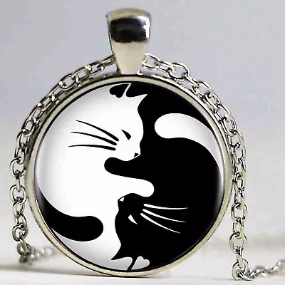 Yin & Yang Black & White Cats Pendant Necklace - UK Stock • £5.99