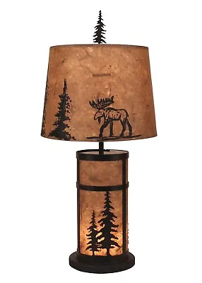 Tree Scene Iron & Parchment Country Lodge Night Light Table Lamp W/Moose Shade • $220.95