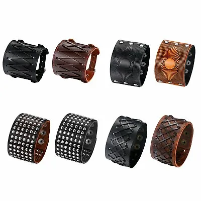 Punk Men's Wide Rivet Leather Wraps Cuff Bangle Bracelet Wristband Adjustable • $8.89