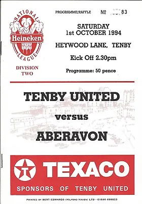 Tenby United V Aberavon 1 Oct 1994 RUGBY PROGRAMME • £4.99