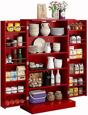 Farmhouse Kitchen Pantry Storage Cabinet With Doors Adjustable Shelves In Red • $154.97