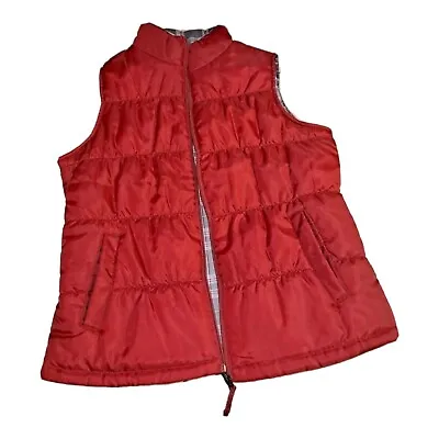 Merona Reversible Vest Size Med Deep Red Grey Plaid Quilted Puffer Women Pockets • $15