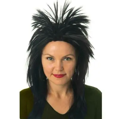 Adult 80s Ladies Black Glam Rock Diva Wig Fancy Dress Spike Mullet Punk • £4.49