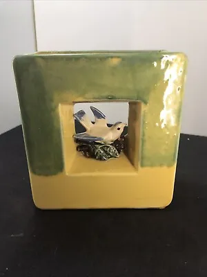 Vtg ‘51 MCM McCoy Yellow/Green Arcature Square Cut-Out Planter W/ Bird 6.5” X 6” • $34.95