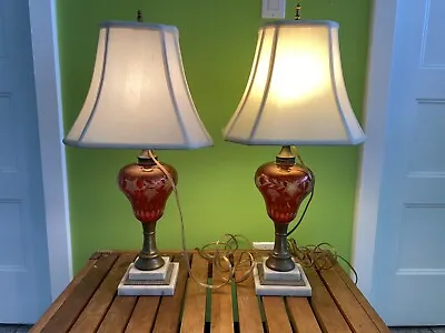 Victorian Antique Etched Cranberry  Oil Lamp Convert Electric Marble Base Set • $139