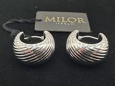 Milor 14k White Gold Resin Core Ribbed Chunky Huggie Earrings Italy-New With Tag • $185