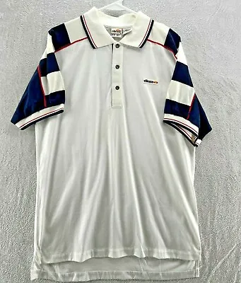 Vintage Ellesse Mens Polo Shirt White Navy Red Short Sleeve Tennis Shirt Size 5 • $21.71