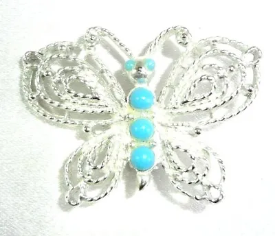 Vintage Butterfly Faux Turquoise Beads Silver Toned Open Metalwork Brooch / Pin! • $7.95