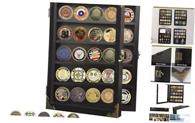  Military Challenge Coin Display Case Lockable Wood Cabinet Rack Holder Black  • $32.29