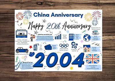 20th Wedding Anniversary Card CHINA Wedding - Married In 2004 Year Of FACTS 20 • £3.99
