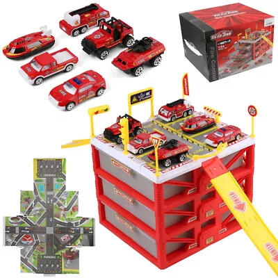 Kids Toy Car Fire Station Parking Lot Vehicle Model Garage Storage Play Set Gift • $37.99