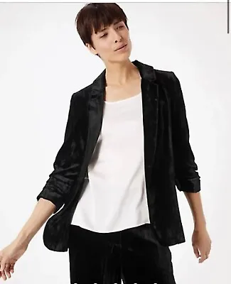 M&S WOMENS BLACK VELVET RUCHED SLEEVE OPEN FRONT JACKET BLAZER Size 16 Bnwt • £39.99