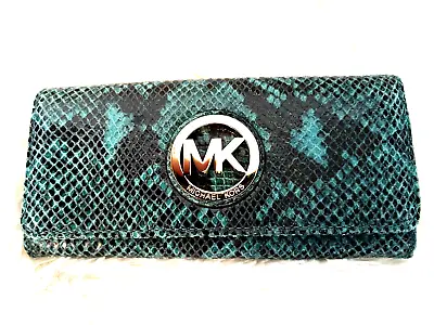 Michael Kors Fulton Aqua Teal Gold Pyton Leather  Flap Continental Wallet  Rare • $119