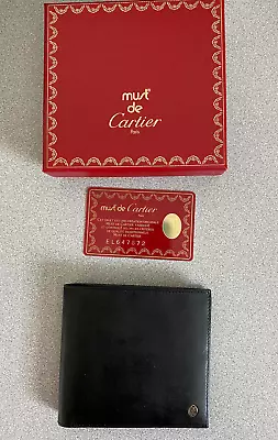 NEW Vintage Must De Cartier Black Leather Wallet Bifold + Box + Card • $250