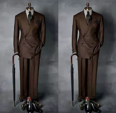Vintage Dark Brown Men Suit Peak Lapel Double Breasted Formal Wedding Groom 2pcs • $94.06