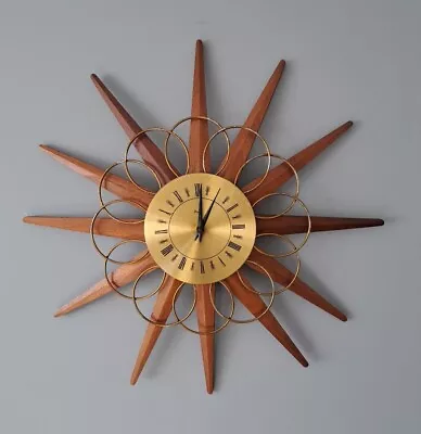Vintage Retro Mid Century 60s 70s Teak Wood Starburst PAICO Wall Clock Working  • $136.77