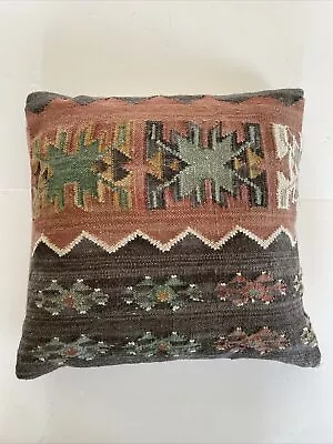 Vtg POTTERY BARN Wool Kilim Pillow With Down Insert Southwestern 18”x18” • $55