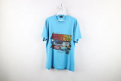 Vintage 90s Mens Size Large Faded Adirondack Nationals Hot Rod T-Shirt Blue USA • $40.45