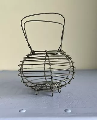 Antique French Farmhouse Small Wire Egg Basket W/ Fixed Handle Coiled Footed • $40