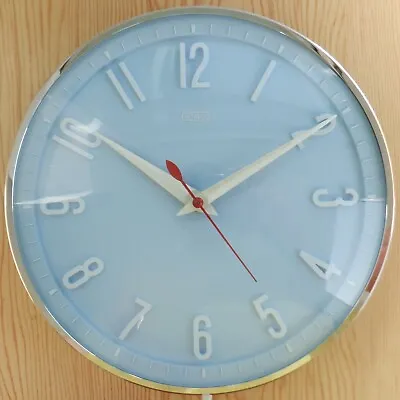 Vintage Metamec Wall Clock Electric Baby Blue Chrome Surround Mid Century Retro • £79.95