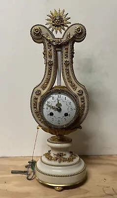 Antique French Gilded Bronze & White Carrara Marble Lyre Clock • $2490