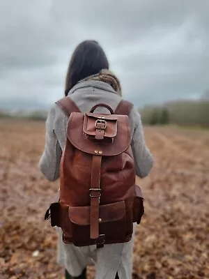  Real Leather Men's Backpack Bag Laptop Satchel Briefcase Brown Vintage Bag • £48