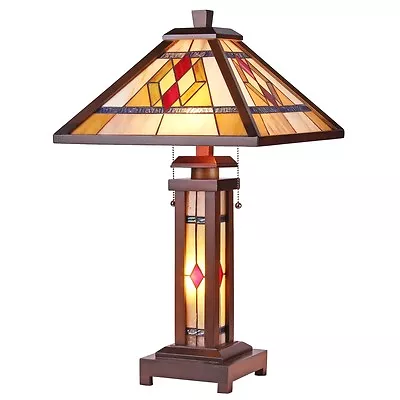 Tiffany Style Arts & Crafts Mission Wooden Lighted Base Table Lamp 15  Shade • $293.92