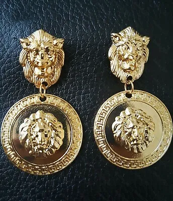 Fab Vintage Style Gold Lion Head Coin Roman Drop Dangle Orb Round Earrings UK • £2.99