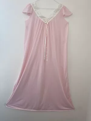 Vintage Miss Elaine Long Pink Nylon Nightgown Lace Cap Sleeves Gold Label Large • $18