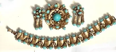RARE HAR Faux Turquoise Flower Brooch Drop Dangle Earring Bracelet Set Vintage • $375