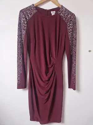 Cache Burgundy Sequin Bead Arms Rouched Bodycon Evening Dress Size 10 • £29.99
