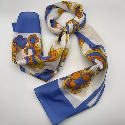 Vintage Satin Blue White Orange Scroll Flower Scarf Mid Century Modern 12x54inch • $14.25