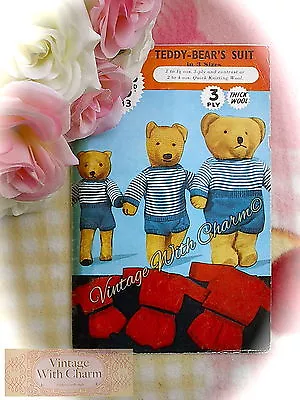 Vintage Knitting Pattern 1940s Toy Teddy Bear's Suit; Jersey & Shorts. 3 Sizes.  • £1.99