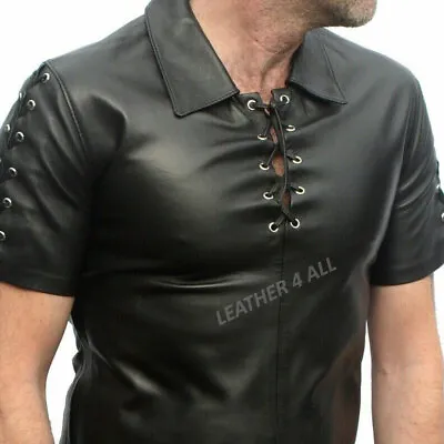 Men's Real Leather Laces Up Shirt Sexy Short Sleeve Leather Shirt With Laces  • $99