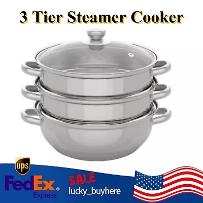 3Tier Steamer Cooker Steam Pot Food Veg Cooking Stainless Steel Kitchen Cookware • $40