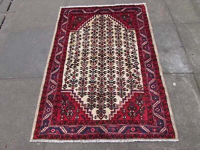 Vintage Hand Made Traditional Oriental Wool White Red Small Rug 142x101cm • £175