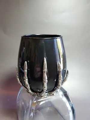 HALLOWEEN STEMLESS WINE GLASS SKELETON HAND-BLACK GLASS- SILVER METAL Gothic • $19