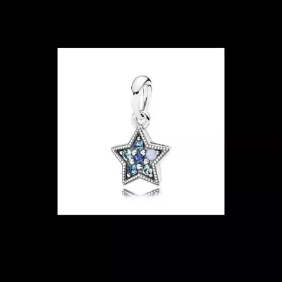 Genuine 925 Sterling Silver Star Dangle Pendant Charm With Blue Cubic Zirconia • £14