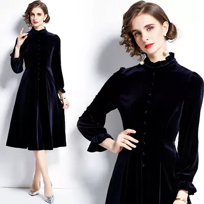 Womens Long Sleeves Slim Dress Cocktail Elegant Velvet Ruffles Collar Ball Gown • $55.71