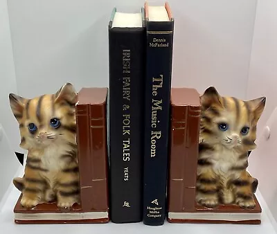 VTG Trimont Ware Kitty Cat Bookends Made In Japan Set Of 2 Orange Tabby Blue • $54.95