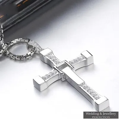 Mens Chain Necklace Silver Crystal Cross Pendant Rosary Jesus Men's Chunky Steel • £5.99