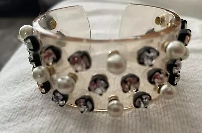 J.Crew Crystal Pearl Studded Acrylic Cuff Bracelet Heirloom Pink Black Plating N • $34.66