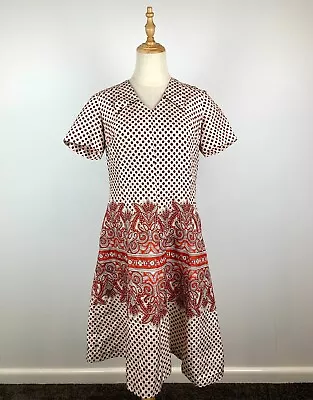 Vintage Size S 10 White Maroon Spotty Paisley Collar Zip Back Retro Dress • $10