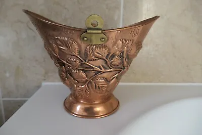 Vintage Copper 16cm Coal Scuttle Shaped Embossed Flower/leaf Basket/flower Vase • £29.50