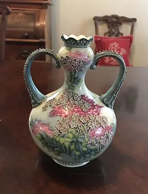 Antique Nippon Moriage Vase Two Handled Beaded 7.5  • $149