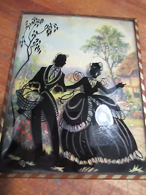 Vintage Convex Silhouette Reverse Paint Picture-Man And Woman On Picnic • $9.99